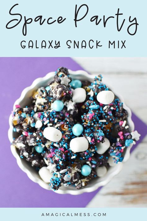 Space Age Galaxy Party Popcorn Recipe #popcorn #snacks #galaxy #sparkly #space #farout #party #birthday #movienight #moviesnacks Space Themed Snack Ideas, Galaxy Themed Snacks, Galaxy Dessert Table, Space Unicorn Party, Space Theme Snacks, Galaxy Themed Food, Galaxy Snacks, Galaxy Popcorn, Space Themed Party Food