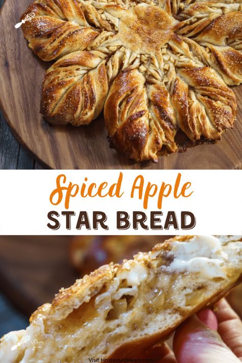 Spiced Apple Star Bread is a sweet buttery bread loaded with warm cinnamon and plump apples that's fun to make. It looks holiday special but perfect at any time. | HostessAtHeart.com #homemade #comfortfood | how to make bread #baking #breadmaking Sourdough Christmas Star Bread, Apple Pie Sourdough Bread, Sourdough Braided Bread, Bread Braids, Holiday Bread Recipes, Star Bread Recipe, Thanksgiving Bread Recipes, Braided Bread Recipe, Holiday Breads