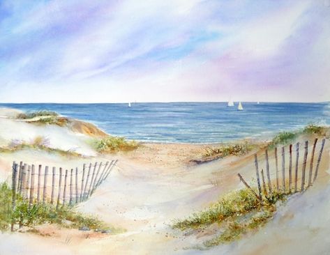 Cape Cod Art Watercolor Beach | Etsy Cape Cod Wall Art, Cape Cod Painting, Beachy Paintings, Cod Art, Beach Path, Watercolor Beach, Ocean Wall Decor, Sailboat Painting, Fence Art