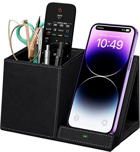 Multi-Functional Pencil Pen Holder with Wireless Charger, Desktop Stationery Organizer, Home Office Supply Storage Box Caddy (Black) Home Office Men, Pencil Holders For Desk, Charging Desk, Cute Desk Decor, Pen Organizer, Office Supply Storage, Stationery Organizer, Buy Desk, Pencil Holders