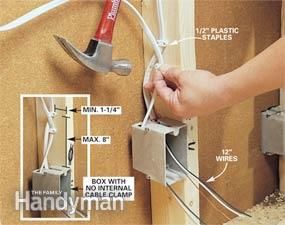 You can save a lot of money by doing your own wiring. Here we'll show you to wire an entire room. Even if you've never picked up an electrical tool in your life, you can safely rough-in wiring by following the directions in this article. You'll learn all of the pro techniques for a wiring job, including choosing the right size receptacle boxes, running cable throughout the room, and making the electrical connections. Home Electrical Wiring, Electrical Code, House Wiring, Electrical Work, Electrical Projects, Diy Electrical, Electrical Connection, Electrical Tape, Family Handyman