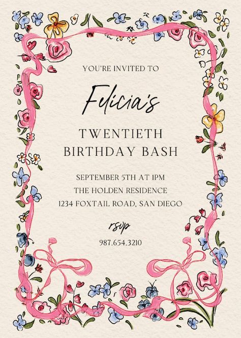 Flourished Love - Birthday Invitation Template (Free) | Greetings Island Farewell Party Invitations, Birthday Invitation Design, Butterfly Birthday Cards, Template Birthday, House Warming Invitations, Greetings Island, Bbq Invitation, Engagement Announcement, Birthday Invitation Template