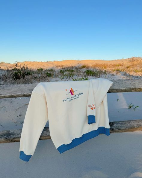 my pride & joy… say hello to the Blue Horizon Surf Shop colorblock crew 🌞🏄🏼‍♀️🌴 this project has been in the making since january, with every detail considered, from the feel of the fabric to meticulously finalizing thread colors & design measurements. the final product is truly the crewneck of my dreams, & I think it’ll be yours too 🫶🏼 launching May 31st at 3PM est with more details to come but for now, swipe for all of the little design details & a glimpse into bringing this sweatshirt to... Coastal Clothing, Oversized Crewneck, Thread Colors, Little Designs, Arm Cuff, The Favorite, Sandbox, Surf Shop, Monterey