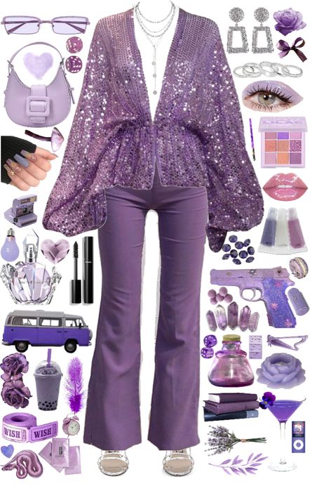 Purple Outfits For Concert, Disco Aesthetic Outfit Party, Purple Sparkle Outfit, 70s Fashion Purple, 70s Purple Outfit, Purple Disco Outfit, Purple 70s Outfit, Vintage Disco Outfits, Disco Outfits 70s