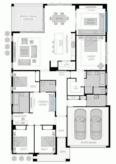 Floor plan: fill in with target language words for a fun way to learn vocabulary for the home. Rectangular Floor Plan, Single Story House Floor Plans, House Plans Australia, Luxury Display, Single Storey House Plans, Mcdonald Jones Homes, Learn Vocabulary, Small House Floor Plans, Target Language