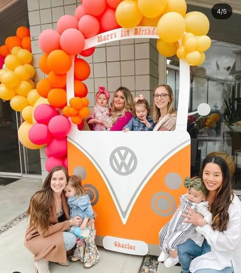 Diy Volkswagen Bus Photo Prop, Groovy Parade Float Ideas, Groovy Theme Backdrop, Volkswagen Bus Party Theme, Groovy Aesthetic Party Decor, Groovy Photo Booth, Vw Bus Backdrop, Groovy Van Backdrop, Groovy Arch Backdrop