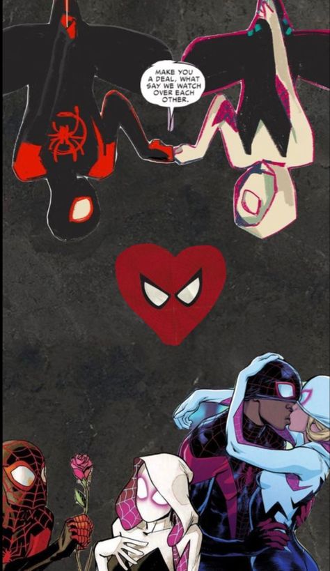 Spider Verse Wallpaper Gwen And Miles, Spiderman And Gwen Matching Wallpaper, Miles Morals And Gwen Stacy, Gwen Stacy Into The Spider Verse Wallpaper, Miles And Gwen Swinging Upside Down, Gwen And Miles Painting, Miles Morales Gwen Stacy Wallpaper, Gwen Stacy Ghost Spider Comics, Gwen Stacy And Miles Morales Fanart