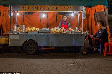 Everyday beauty:  This striking night scene of a Korean Street food stall was highly commended in the competition. Kaegan Saenz, a 27-year-old-teacher from Seoul in South Korea, took the picture on his way home from work. He said: 'Street food is very popular in the city and I wanted to capture the spirit of these food carts and the owners who run them' Korean Street Food Stall Design, Street Food Korea Night, Korean Food Stall, Korean Street Food Stall, Street Food Stall, Korean Bar, Foodtrucks Ideas, Epic Landscape, Food Stall Design