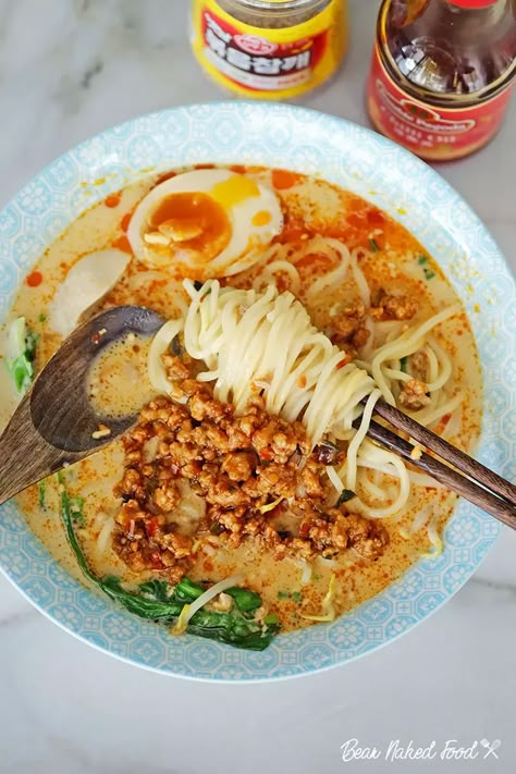 Sichuan Noodle Soup, Spicy Yakisoba Noodles, Tan Tan Noodles, Spicy Tan Tan Ramen, Tan Tan Men Ramen Recipe, Tan Tan Ramen Recipe, Spicy Ramen Noodle Recipes, Soupy Noodles, Tan Tan Ramen