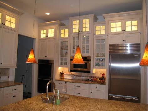 How to make cabinets up to the ceiling look good - 10 ft ceiling How To Make Cabinets, Staggered Kitchen Cabinets, Make Cabinets, Stacked Cabinets, Kitchen Cabinets To Ceiling, Cabinets With Crown Molding, Kitchen Soffit, Cabinets To Ceiling, Glass Kitchen Cabinets