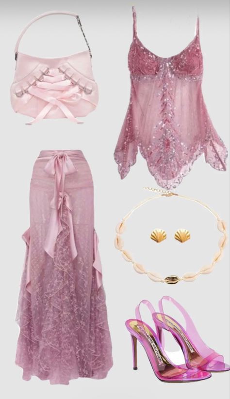 Pink Mermaidcore Outfits, Pink Mermaid Core Outfit, Pink Mermaid Aesthetic Outfit, Short And Sweet Outfit Ideas, Blue Tops Aesthetic, Pink Mermaid Outfit, Aphrodite Aesthetic Outfit Modern, Love Island Outfits Aesthetic, Lovergirl Aesthetic Outfits