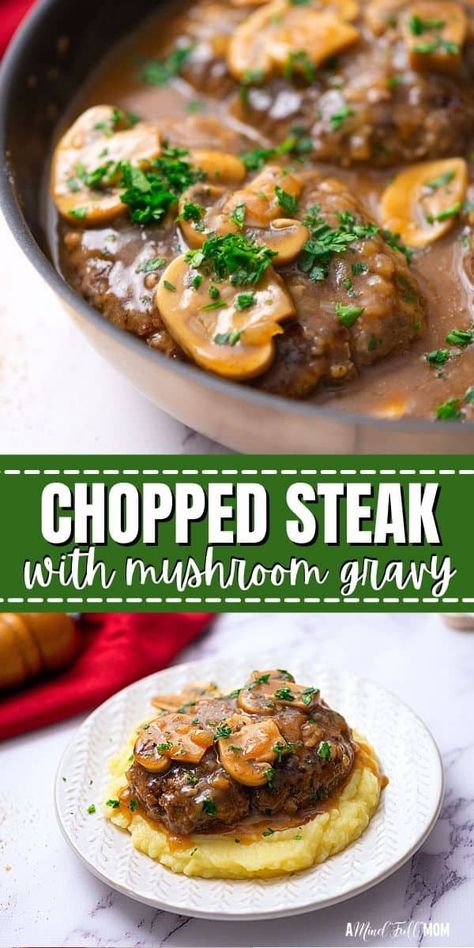 Smothered in rich mushroom gravy, these hamburger "steaks" are full of flavor, tender, and the ultimate comfort food! Smothered Chopped Steak, Gf Meatloaf, Chopped Steak Recipes, Steak Dinner Ideas, Sirloin Recipes, Casserole Beef, Sirloin Steak Recipes, Mindful Mom, Hamburger Steaks