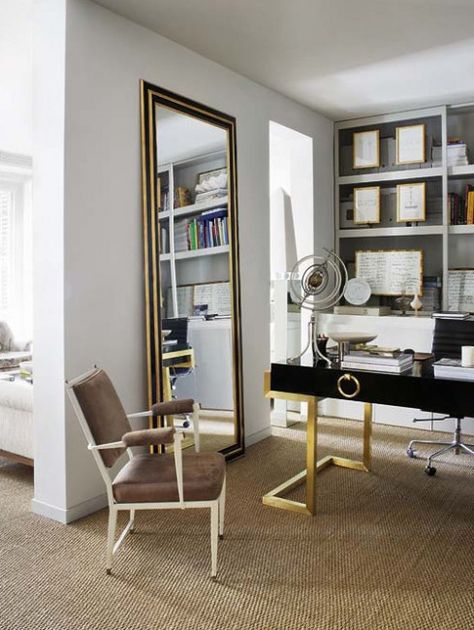 Home Office Heaven. White walls, wall to wall sisal carpet, and gold accents. Interior Designer: unknown. Wall To Wall Carpet, Office Design Inspiration, Sisal Carpet, Wall Carpet, Home Office Space, Decorating Small Spaces, Carpet Design, Home Office Design, Living Room Carpet