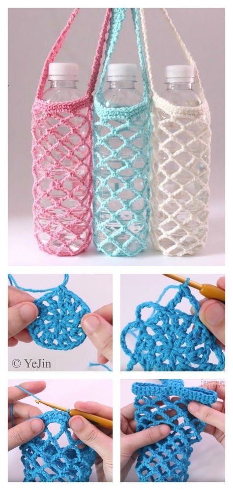 Mesh Bottle Holder Free Crochet Pattern Cotton Yarn Crochet, Crochet Water Bottle Holder, Bottle Covers, Confection Au Crochet, Crochet Braid Styles, Water Bottle Covers, Crochet Simple, Crochet Diy, Bottle Cover