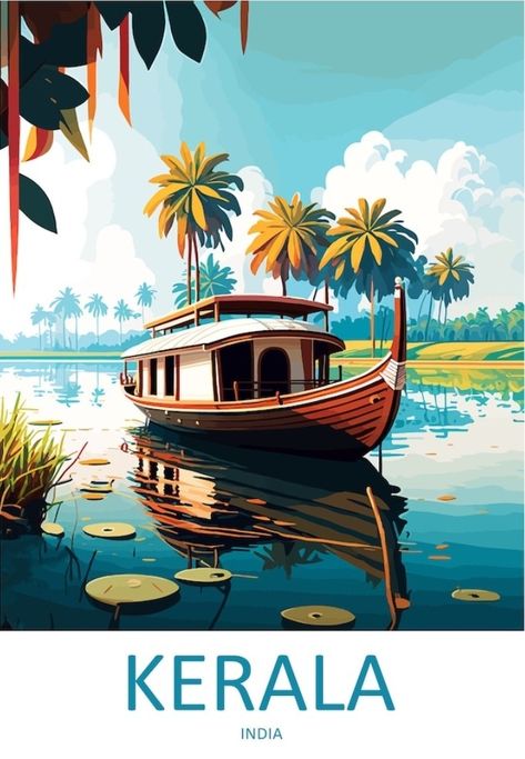 India Travel Posters, Indian Cities Illustration, Kerala Illustration Art, Indian Tourism Poster, Travel And Tourism Poster Design, Kerala Illustration, Visual Elements Of Art, Exterior Murals, India Poster