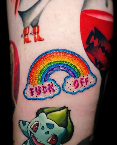 Small Embroidery Tattoo Ideas, 101 Tattoo, Pride Tattoo Ideas, Fancy Tattoo, Embroidery Tattoos, 90s Tattoos, F Off, Pride Tattoo, Bright Tattoos