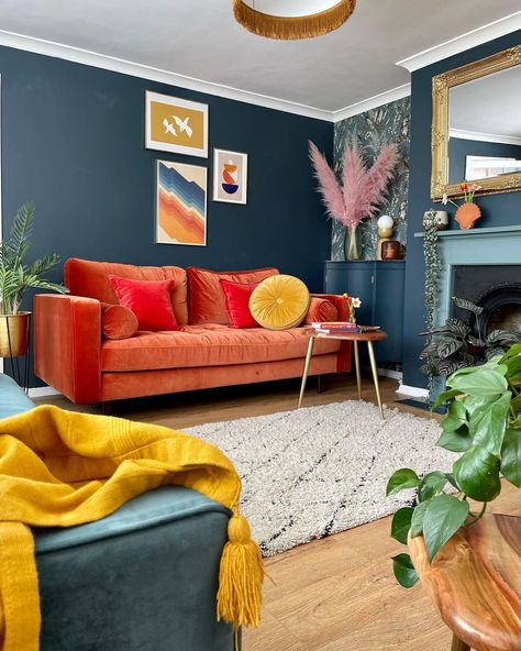 Blue Walls Orange Sofa, Red Couch Blue Walls, Blue Orange Room, Burnt Orange Sofa Living Room, Blue And Orange Interior, Orange Sofa Living Room, Blue Orange Living Room, Orange And Blue Living Room, Blue Sofa Decor