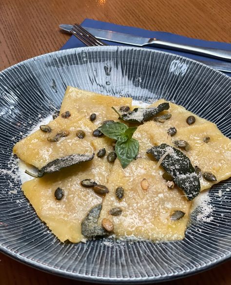 🎃 Vegan Pumpkin Ravioli Recipe By Rocco Cannella of NoLita Get the recipe here: www.thetaste.ie/vegan-pumpkin-ravioli-recipe-by-rocco-cannella-of-nolita #PumpkinRecipe #Nolita Pumpkin Ravioli Recipe, Pumpkin Ravioli, Sage Butter, Pasta Roller, Ravioli Recipe, Roasted Pumpkin, Slow Roast, Pasta Dough, Parmigiano Reggiano