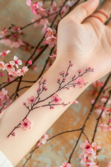 Explore 25 Flower Tattoo Ideas with Deep Meanings Cute Cherry Blossom Tattoo, Women Tatoos Ideas With Meaning, Flower Sleeves For Women Tattoo, Flowers Around Arm Tattoo, Tattoo Ideas Cherry Blossoms, Dainty Cherry Blossom Tattoo, Flower Designs Tattoo, Pink Tattoo Ideas, Cherry Blossom Sleeve Tattoo