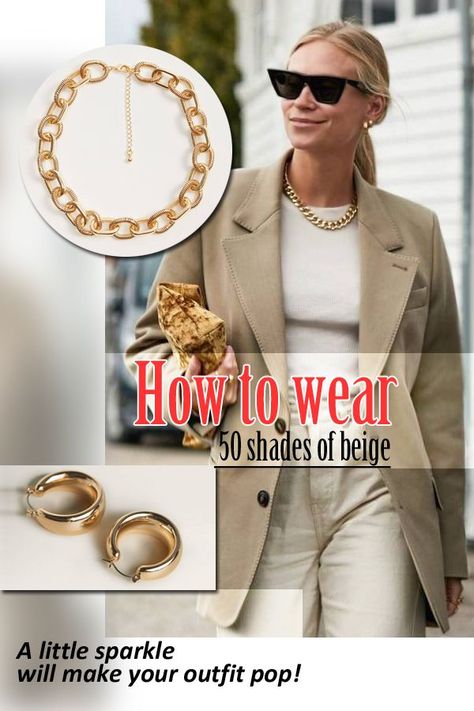 50 shades of #beige | How to wear | A little sparkle will make your beige outfit pop. Opt for a trending gold chunky chain link necklace. #beigeoutfit #styletips #styletip #tipstowear #howtowear #pantsuit #beigesuit #bestoutfit #fasiontrends #colortrends #fallcolors #beigepants #neutraltones #falltextures #goldchunkychain #chainlinknecklace #accessories #fallaccessories Chunky Gold Necklace Outfit, Chunky Chain Necklace Outfit, Gold Necklace Outfit, Beige Sweater Outfit, Chain Necklace Outfit, Beige Outfits, Chain Outfit, Fall Fashion Colors, White Pantsuit