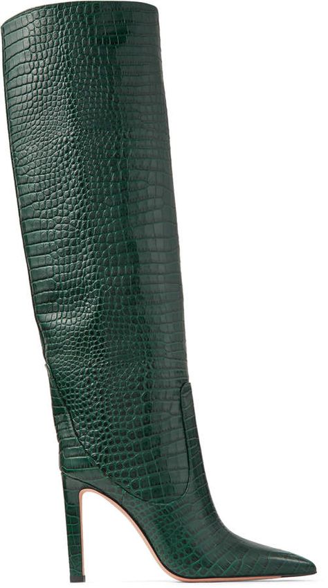 Jimmy Choo MAVIS 100 Dark Green Croc Embossed Leather Knee High Boots Green Knee High Boots, Round Toe Ankle Boots, Knee High Boots Flat, Womens High Boots, Leather Knee High Boots, Green Boots, Knee High Leather Boots, Moda Vintage, Boots Knee