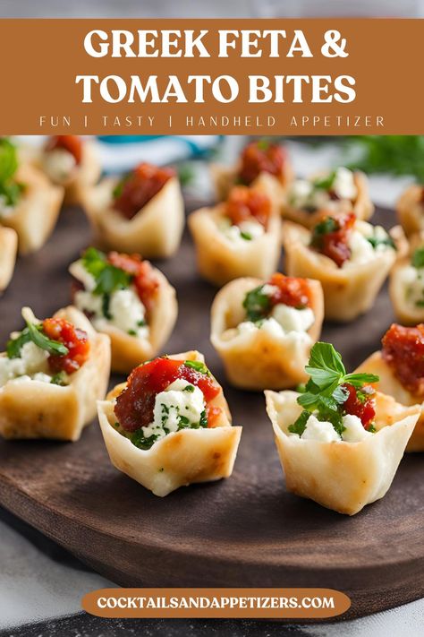 Quick and easy appetizer that takes just a few minutes. Tomato & Feta Bites are a great make ahead food for parties. Tasty Mediterranean Feta Bites recipe combines tasty veggies with a homemade dressing in crispy phyllo cups. Easy Christmas party appetizer or game day handheld appetizer. Feta Skewers Appetizers, Feta Appetizers For Party, Feta Cheese Appetizers, Mediterranean Recipes Appetizers, Mediterranean Party Food, Make Ahead Food, Diet Appetizers, Clean Appetizers, Food For Parties