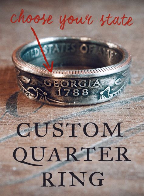 These rings showcase state quarters in a unique way — which is to say, they're made from them. Each uncirculated quarter is hand-picked and formed into a ring. The front of the ring will have the state name, and the back of the ring will have the year the quarter was put into circulation. On the inside you will see "United States of America" as well as "E Pluribus Unum." Quarter Ring, Carbon Fiber Wallet, State Quarters, Birth Year, Coin Ring, Cool Stuff, Please Wait, Wood Working, Helpful Tips