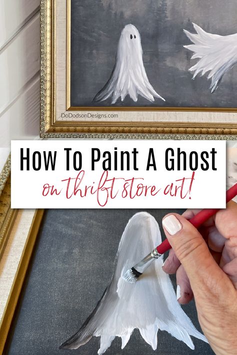 Try this trend! Painting ghosts on thrifted art is an easy way to make cute Halloween decor with an old thrift store painting. Get ready to bring some ghoulish elegance into your home this Halloween with this DIY project! via @dododsondesigns Repurposing Old Paintings, Painted Halloween Pictures, Fun Diy Wall Decor, Thrifted Painting Makeover Halloween, Paint Ghost On Old Painting, Thrift Store Art Makeover Halloween, Thrift Store Ghost Painting Trend, Adding Ghosts To Old Paintings, Spooky Thrift Store Painting