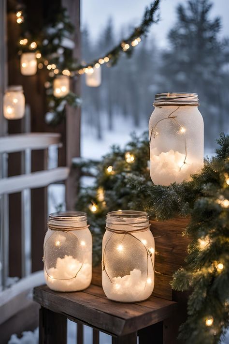 Light Up Your Balcony with DIY Frosted Mason Jar Lanterns and String Lights Balcony Christmas Lights, Ideas For Balcony, Christmas Lights Ideas, Homemade Lanterns, Mason Jar Lantern, Mason Jar Fairy Lights, Fairy Lights In A Jar, Diy Mason Jar Lights, Christmas Light Ideas