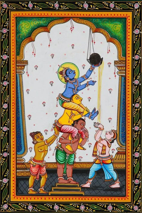 Krishna Damodar, Pictures Of Lord Krishna, Paintings Spiritual, Paintings Krishna, Krishna Artwork, Pattachitra Paintings, Earthen Pots, Pattachitra Art, Phad Painting