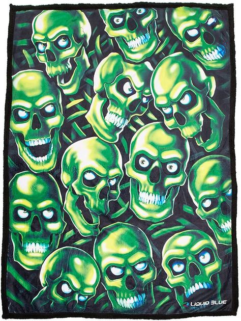 Liquid Blue presents the awesome of skull pile design on a huge fleece throw blanket. This 50 in. X 60 in. Fleece blanket is made of 100 percent polyester coral fleece and backed by a soft heavyweight sherpa material. It is digitally printed and is machine washable. Green Skull, Fleece Throw, Fleece Throw Blanket, All Over Print, Green, Blue