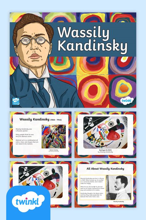 This informative PowerPoint is the perfect introduction to Kandinsky, abstract art, and color mixing. The digital presentation includes biographical information and images about Wassily Kandinsky and examples of his famous artwork. This engaging teaching resource also includes talking points for a class discussion about one of Kandinsky's most celebrated pieces of artwork and a hands-on painting activity that guides children as they paint their own abstract art inspired by Kandinsky. Kandinsky Art Lesson Elementary, Kandinsky Concentric Circles Art Lessons, Wassily Kandinsky Painting Abstract Art, Kadinsky Art Project For Kids, Kandinsky Art Lesson Middle School, Kandinsky Art For Preschool, Kandinsky Inspired Art, Kadinsky For Preschool, Kandinsky Art Projects For Kids