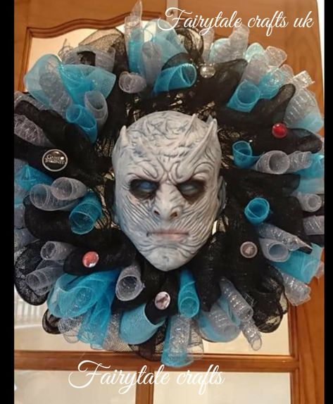 Game of thrones wreath white walker by fairytale crafts uk Game Of Thrones Wreath, Game Of Thrones Halloween Decorations, Fairytale Crafts, Game Of Thrones Halloween, Game Of Thrones Decor, Mesh Projects, Fairy Tale Crafts, Game Of Thrones Party, T Craft