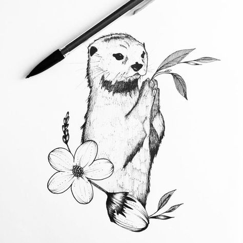 Otter Tattoo, Tier Tattoo, Cute Otter, Tattoo Flowers, Illustration Tattoo, Nature Artists, Flowers Tattoo, Illustration Botanique, Piece Of Paper