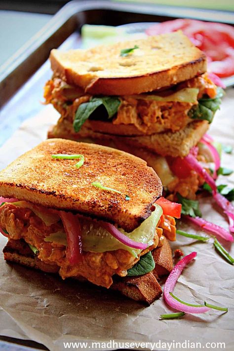 Masala Chickpea Sandwich - Madhu's Everyday Indian Vegetarian Sandwich Recipes Indian, Pickle Onions Recipe, Mango Chutney Recipe, Chickpea Masala, Sandwich Recipes Indian, Chickpea Sandwich, Vegetarian Sandwich Recipes, Air Fryer Recipes Dessert, Sweet And Spicy Sauce