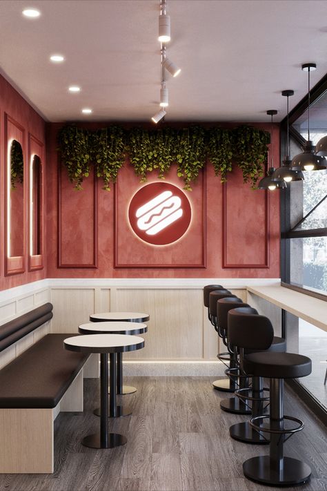 Sandwich house interior with high chairs and table 🌭 Sandwich Shop Design, Interior Design Industrial, Small Restaurant Design, Cafe Wall Decor, Sandwich Restaurant, Small Restaurant, Sandwich Shop, Cafe Shop Design, High Chairs