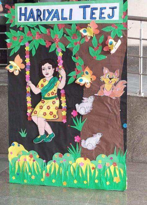 Teej Festival Board Decoration In School, Teej Celebration Ideas For School, Teej Decoration Ideas For School, Festival Board Decoration, Teej Festival Decoration In School, Hariyali Teej Decoration, Teej Festival Decoration Ideas, Teej Decoration Ideas, Teej Festival Decoration