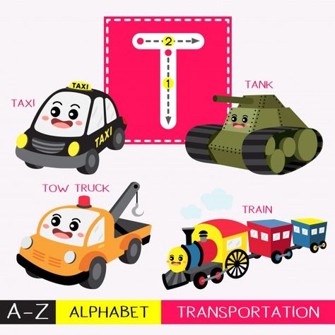 Letter t uppercase tracing transportatio... | Premium Vector #Freepik #vector #car #baby #card #education Preschool English, Letter Flashcards, Car Letter, Vocabulary Book, Cartoon House, Abc Alphabet, Printable Flash Cards, English Word, Alphabet Tracing