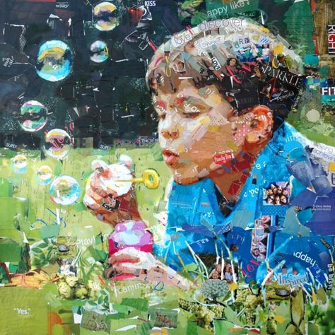 Oeuvre de Derek Gores intitulée Blowing Bubbles.  L’artiste ré-assemble des images complètement nouvelles à partir de découpures classées par gamme chromatiques. Il réalise ses œuvres à base de magazines, d’étiquettes et de matériaux recyclés en tous genres. CERRUTI Alina Derek Gores, Collage Portrait, Recycled Art Projects, Collage Art Projects, Paper Collage Art, Magazine Collage, Cool Art Projects, Beautiful Collage, Blowing Bubbles