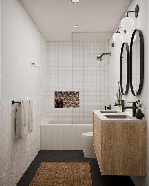 In this shared bathroom, we used geometric shapes to achieve a playful yet timeless look. The walls feature square matte white tiles with contrasting grey grout, creating visual interest. Meanwhile, the neutral grey hex floor tiles seamlessly coordinate with other areas of the home. We think our clients will love this room for years to come! As an architect, I firmly believe that deliberate design choices and carefully curated material selections can truly transform your living space. If you... White Square Tiles, Grey Grout, White Bathroom Tiles, Studios Architecture, Beauty Lounge, Square Tile, An Architect, Shared Bathroom, White Tiles