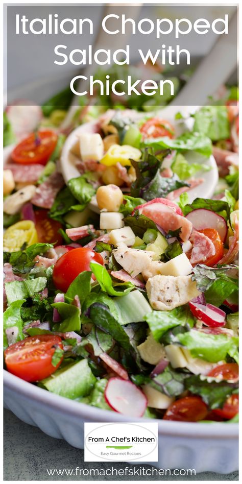 Close-up photo of Italian Chopped Salad with Chicken  in white bowl. Antinflamatory Diet, Italian Chicken Salad Recipe, Green Salad With Chicken, Greens Vegetables, Chopped Salads, Simple Salads, The Perfect Salad, Salad With Chicken, Chopped Salad Recipes