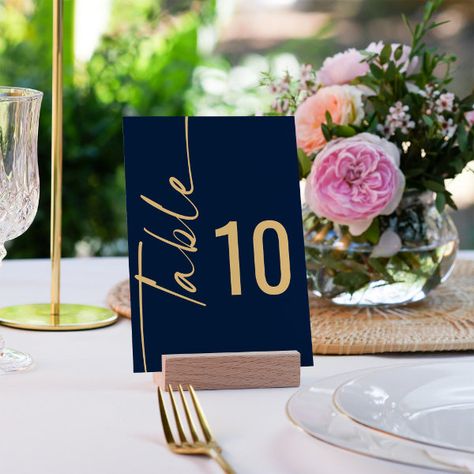 Rotated Calligraphy Navy Blue Gold Script Wedding Table Number Navy Blue Gold And Black Wedding, Navy Blue Dinner Table Decor, Wedding Table Navy Blue, Blue Gold Wedding Decor, Navy Blue And Gold Centerpieces, Blue And Gold Wedding Theme, Minimalist Wedding Table Decor, Navy Wedding Decor, 20th Anniversary Ideas