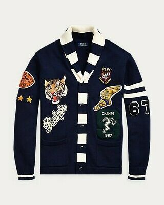 !@#& Mens POLO RALPH LAUREN Navy Blue Patchwork... Varsity Cardigan, Striped Shawl, Patchwork Cardigan, Collegiate Style, Preppy Lifestyle, Swag Men, Dope Outfits For Guys, Bomber Jackets, Cotton Cardigan