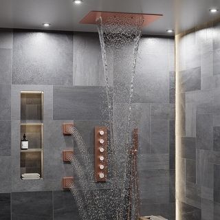 Luxury Thermostatic Shower System 5-Spray Patterns 16" Ceiling Mount Fixed and Handheld Shower Head - 15.7" x 15.7" - Bed Bath & Beyond - 40040734 Rainfall Shower Ideas, Contemporary Craftsman Interior, Resort Bathroom, Granite Shower, Waterfall Shower Head, Craftsman Interior, Contemporary Craftsman, Shower Lighting, Waterfall Shower