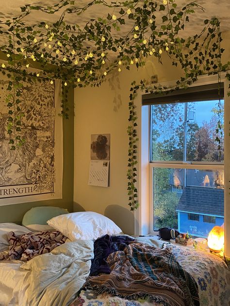 Window By Bed Aesthetic, Bedroom Ideas For Small Rooms With Big Window, Bed Against Wall With Window, 1 Window Bedroom Ideas, Beds Next To Windows, Beds By Windows, Vines On Ceiling Bedroom Aesthetic, Room Decor No Window, Bed In Front Of Window No Headboard