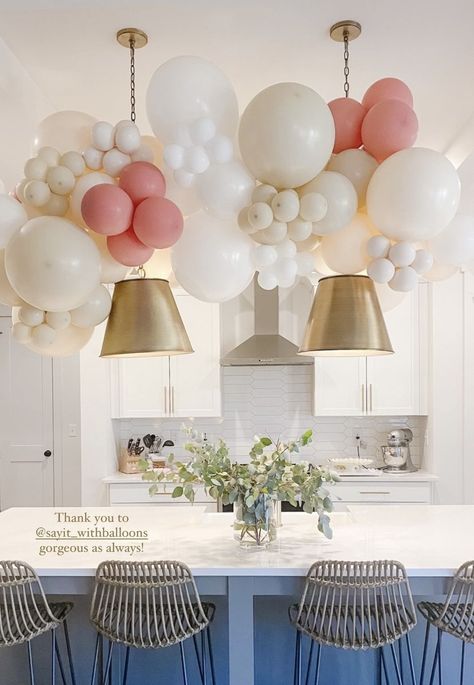 Balloon Arch Hanging From Ceiling, Kitchen Island Balloon Garland, Balloons On Light Fixture, Brunch Balloon Decor, Balloon Arch Over Kitchen Island, Balloons From Ceiling Hanging, Kitchen Balloon Garland, Classy Balloon Garland, Brunch Balloon Garland