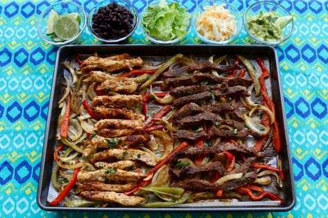 Sheet Pan Chicken and Steak Fajitas Chicken And Steak Fajitas, Sheet Pan Fajitas, Pan Fajitas, Fajita Mix, Fajita Seasoning Mix, Steak Fajita Recipe, Beef Fajitas, Sheet Pan Chicken, One Pan Chicken