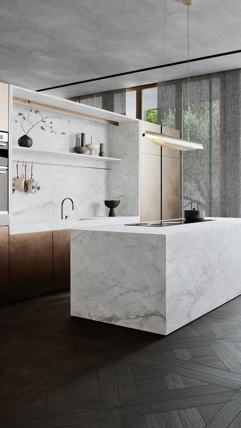 Bellini Bianco perfectly recreates the understated beauty of Italian Carrara marble in Smartstone sintered surface. Bianco Carrara Marble Kitchen, Carrara Marble Kitchen, Kitchen Benchtops, Stone Surface, Engineered Stone, Kitchen Marble, Elements Of Design, White Backdrop, Carrara Marble