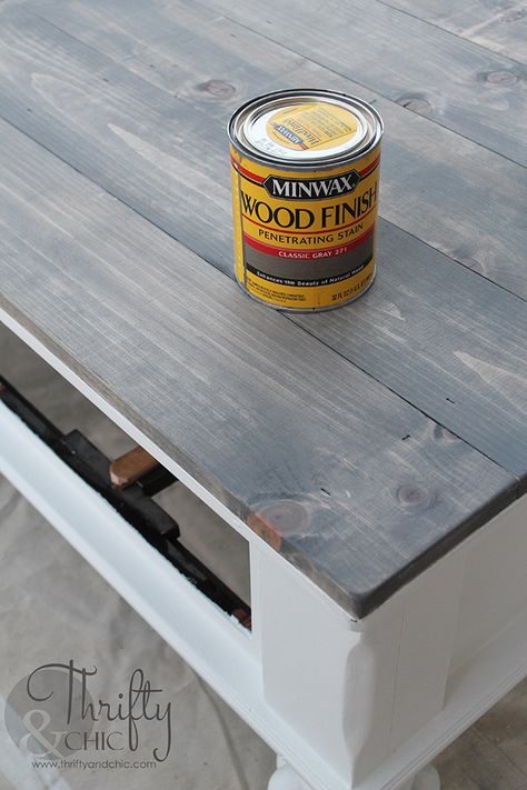 Farmhouse style coffee table makeover. How to update an old coffee table into a cute farmhouse style one! With Minwax Classic Grey Stain Classic Grey Stain, Farmhouse Style Coffee Table, Coffee Table Makeover, Old Coffee Tables, Kitchen Table Makeover, Stained Table, Style Coffee Table, Classic Grey, Table Makeover