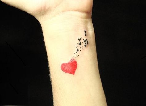 Music Heart Tattoo For Men Music Heart Tattoo, Small Music Tattoos, Music Quote Tattoos, Colored Tattoos, Music Note Heart, Mangas Tattoo, Music Notes Tattoo, Tattoo Music, Music Symbol